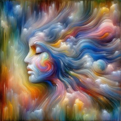 The primary subject of the image is a woman's face, which is the main focus of the painting. The setting is a colorful, abstract background that features clouds and swirls. The visual style is a combination of digital art and illustration, creating a vibrant and dynamic painting. The colors and mood of the painting are lively and energetic, with a mix of warm and cool tones that evoke a sense of movement and creativity.